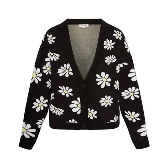 For Love and Lemons Black Daisy Print Sweater Button Cardigan Sz L Whimsy Boho - Picture 2 of 16